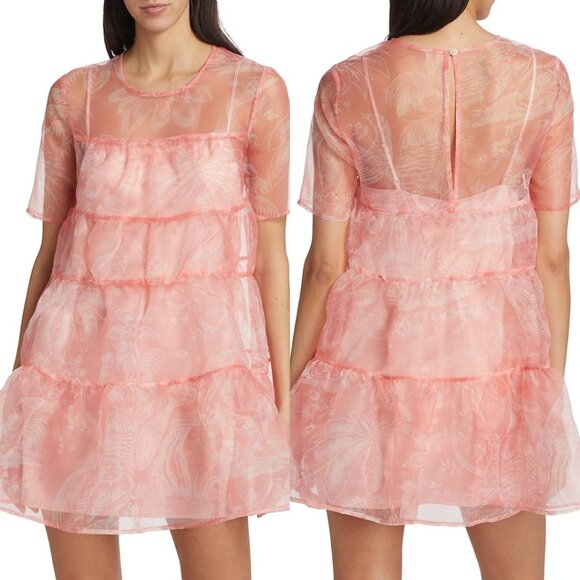 NWT Staud Mini Hyacinth Organza Babydoll Dress Tiered Semi-Sheer Sz Small Pink - Picture 2 of 13